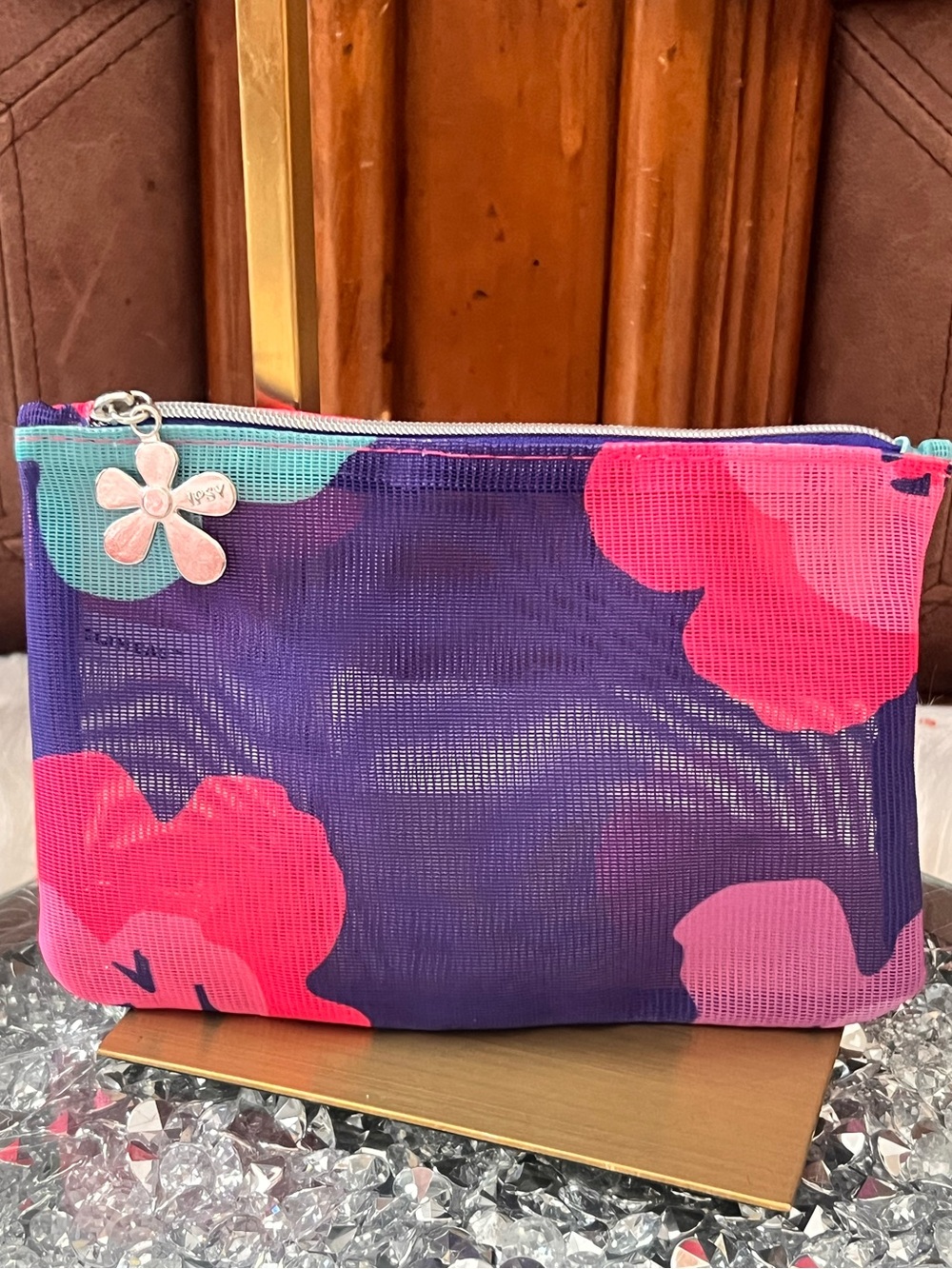 ipsy Purple Mesh Cosmetic Pouch with Pink Floral Charm